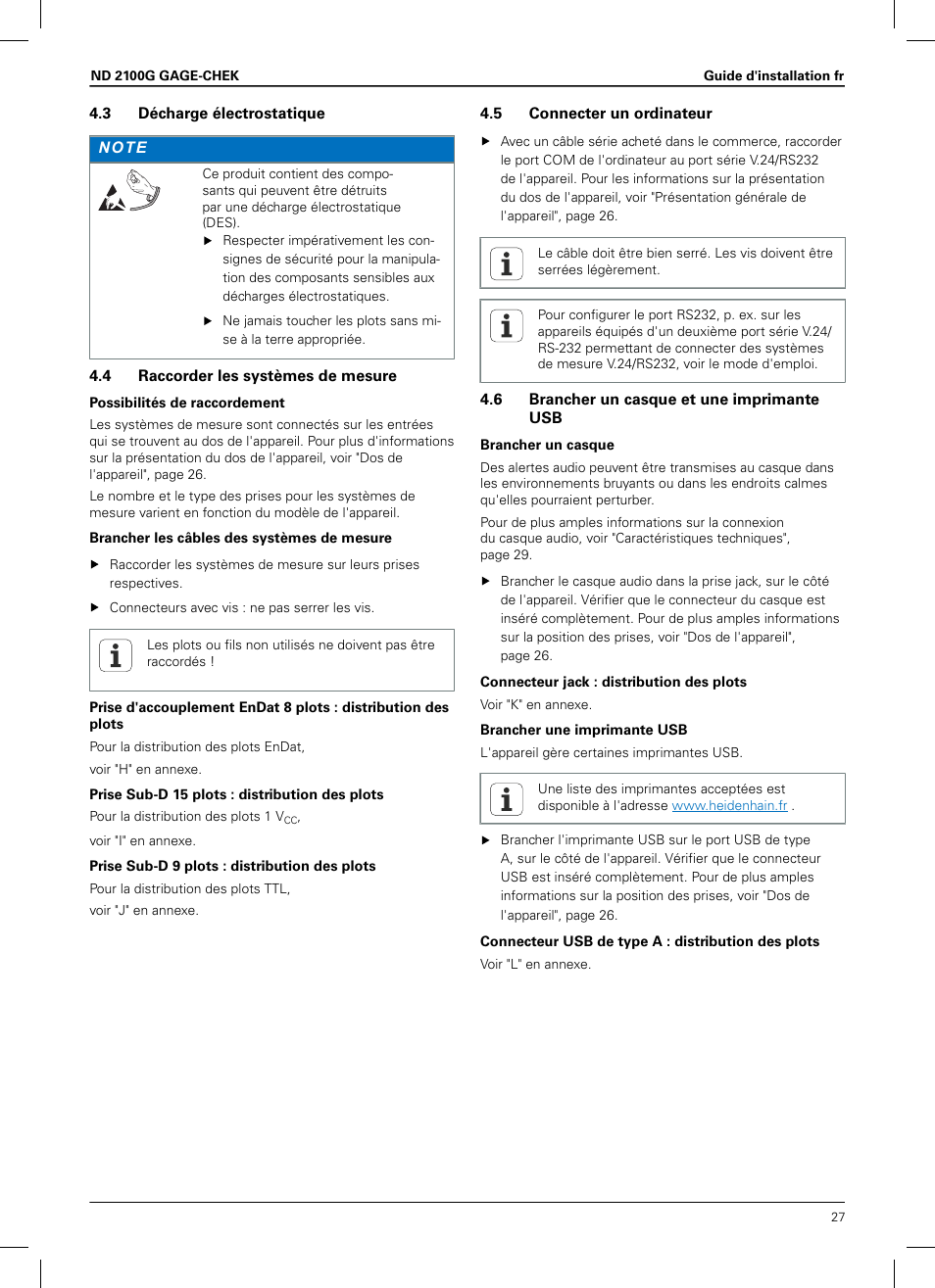 3 décharge électrostatique, 4 raccorder les systèmes de mesure, 5 connecter un ordinateur | 6 brancher un casque et une imprimante usb | HEIDENHAIN ND 2100G Installation User Manual | Page 25 / 108