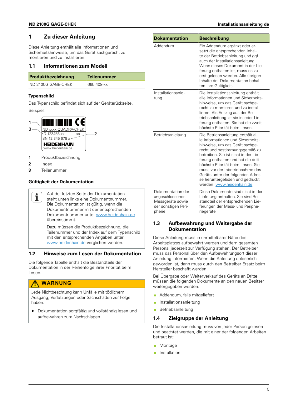 1 zu dieser anleitung, 1 informationen zum modell, 2 hinweise zum lesen der dokumentation | 3 aufbewahrung und weitergabe der dokumentation, 4 zielgruppe der anleitung, 1zu dieser anleitung | HEIDENHAIN ND 2100G Installation User Manual | Page 3 / 108