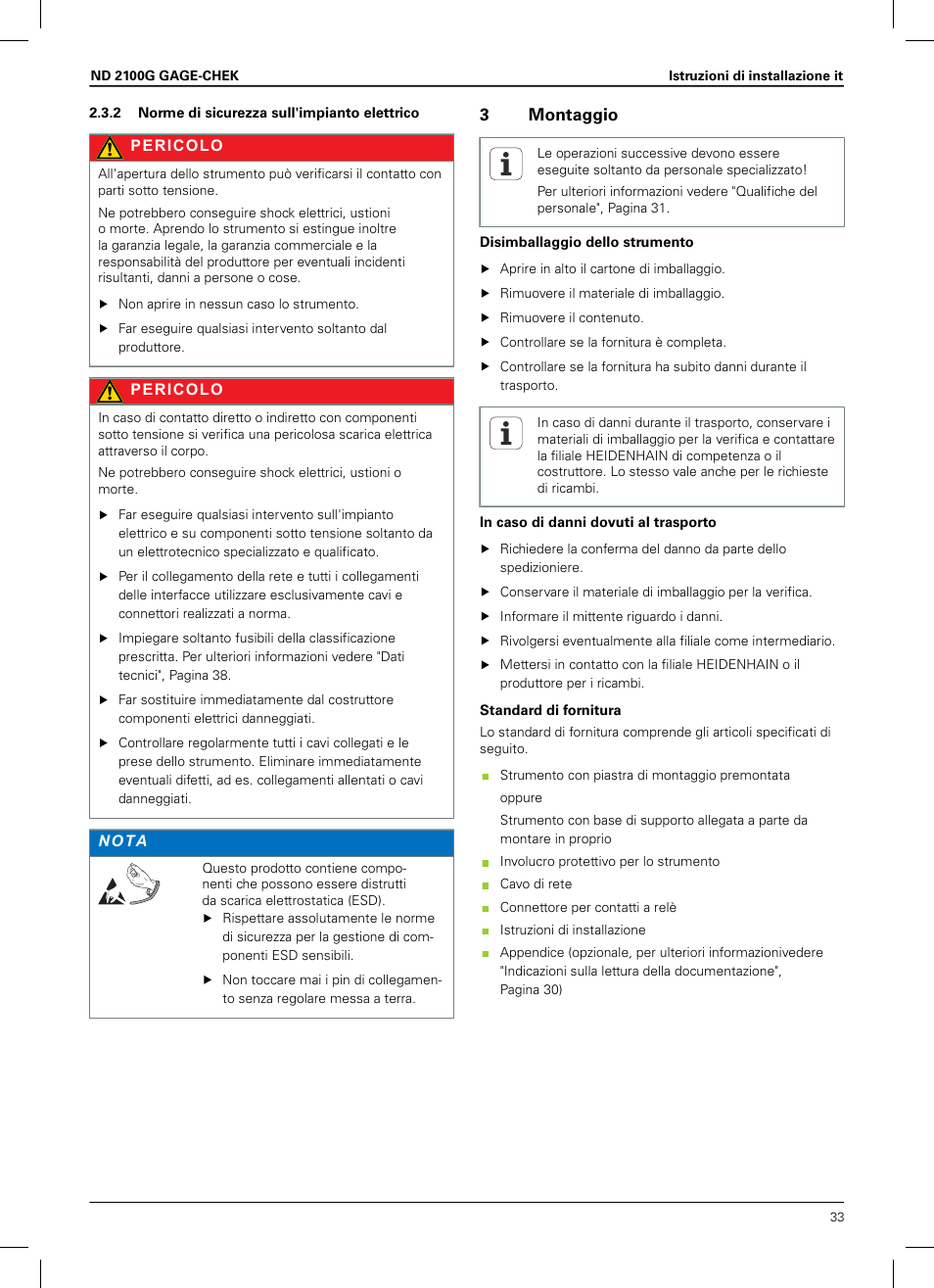 2 norme di sicurezza sull'impianto elettrico, 3 montaggio, 3montaggio | HEIDENHAIN ND 2100G Installation User Manual | Page 31 / 108