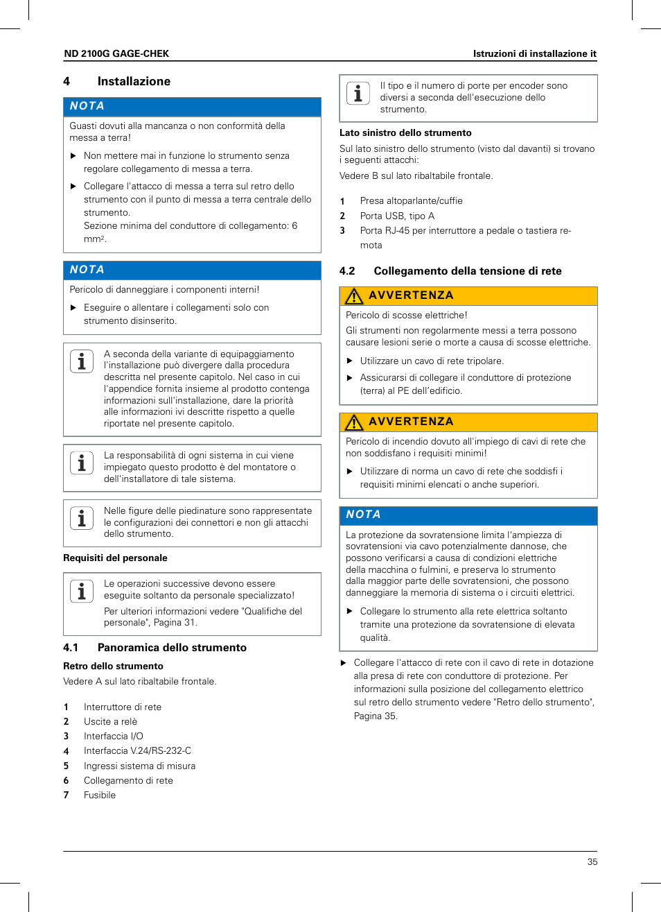 4 installazione, 1 panoramica dello strumento, 2 collegamento della tensione di rete | 4installazione | HEIDENHAIN ND 2100G Installation User Manual | Page 33 / 108