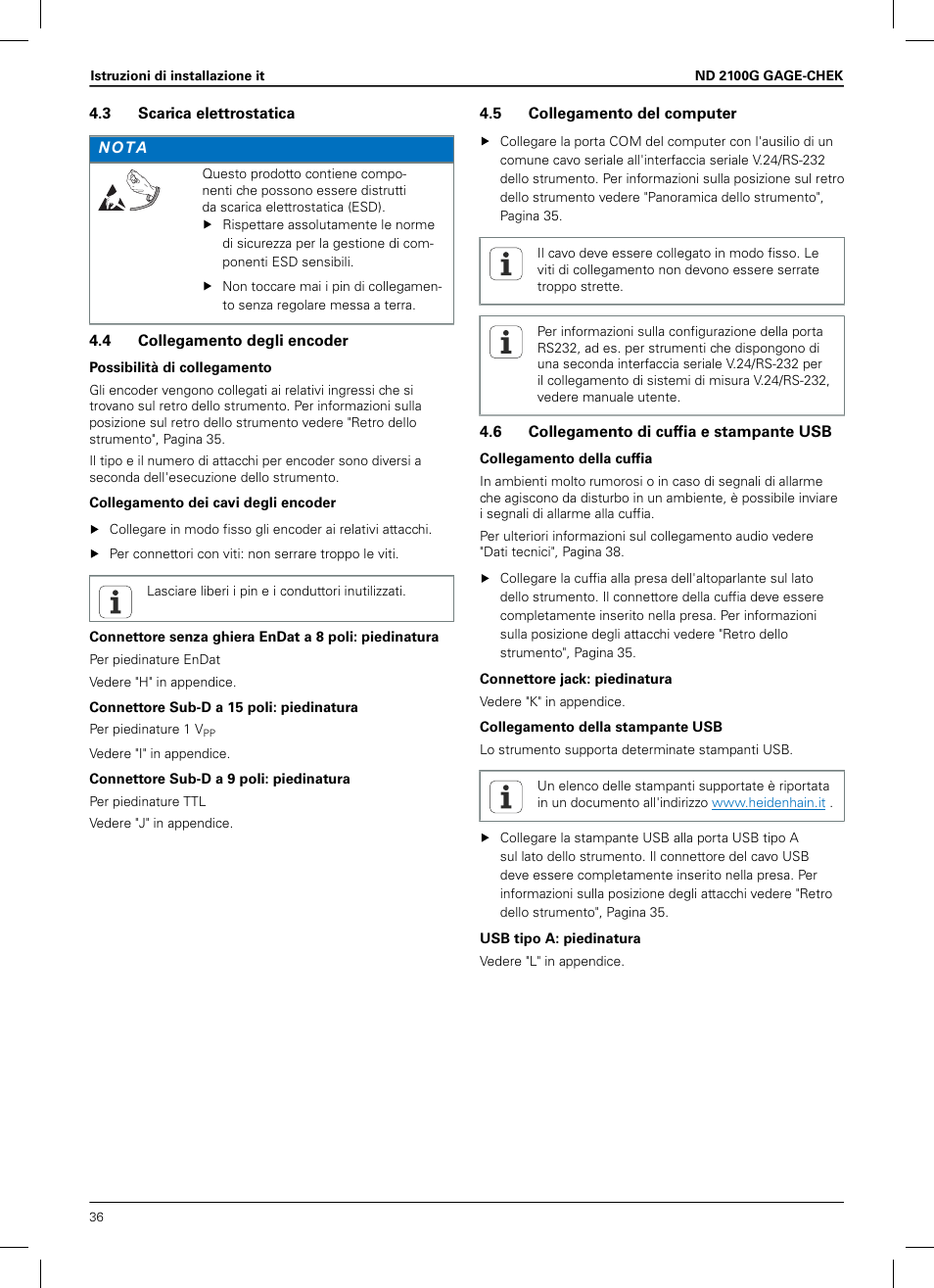 3 scarica elettrostatica, 4 collegamento degli encoder, 5 collegamento del computer | 6 collegamento di cuffia e stampante usb | HEIDENHAIN ND 2100G Installation User Manual | Page 34 / 108