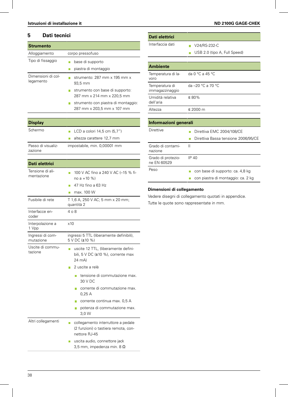 5 dati tecnici, Vedere, Vedere "dati | Vedere "dati tecnici, 5dati tecnici | HEIDENHAIN ND 2100G Installation User Manual | Page 36 / 108