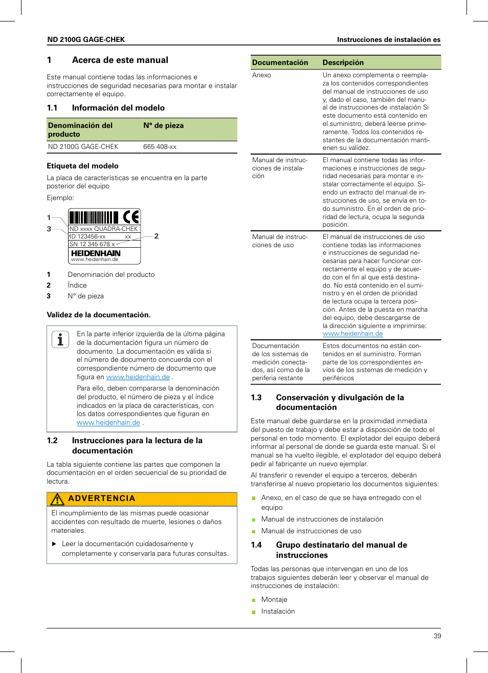 1 acerca de este manual, 1 información del modelo, 3 conservación y divulgación de la documentación | 4 grupo destinatario del manual de instrucciones, 1acerca de este manual | HEIDENHAIN ND 2100G Installation User Manual | Page 37 / 108