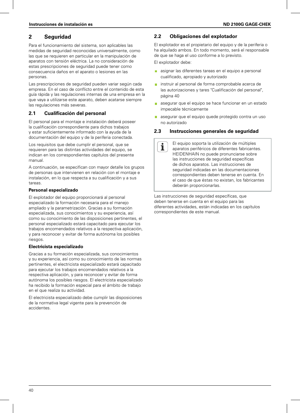 2 seguridad, 1 cualificación del personal, 2 obligaciones del explotador | 3 instrucciones generales de seguridad, 2seguridad | HEIDENHAIN ND 2100G Installation User Manual | Page 38 / 108