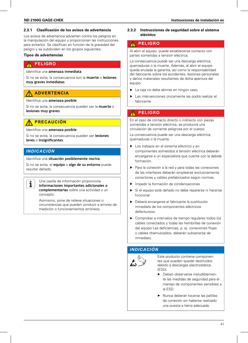 1 clasificación de los avisos de advertencia | HEIDENHAIN ND 2100G Installation User Manual | Page 39 / 108