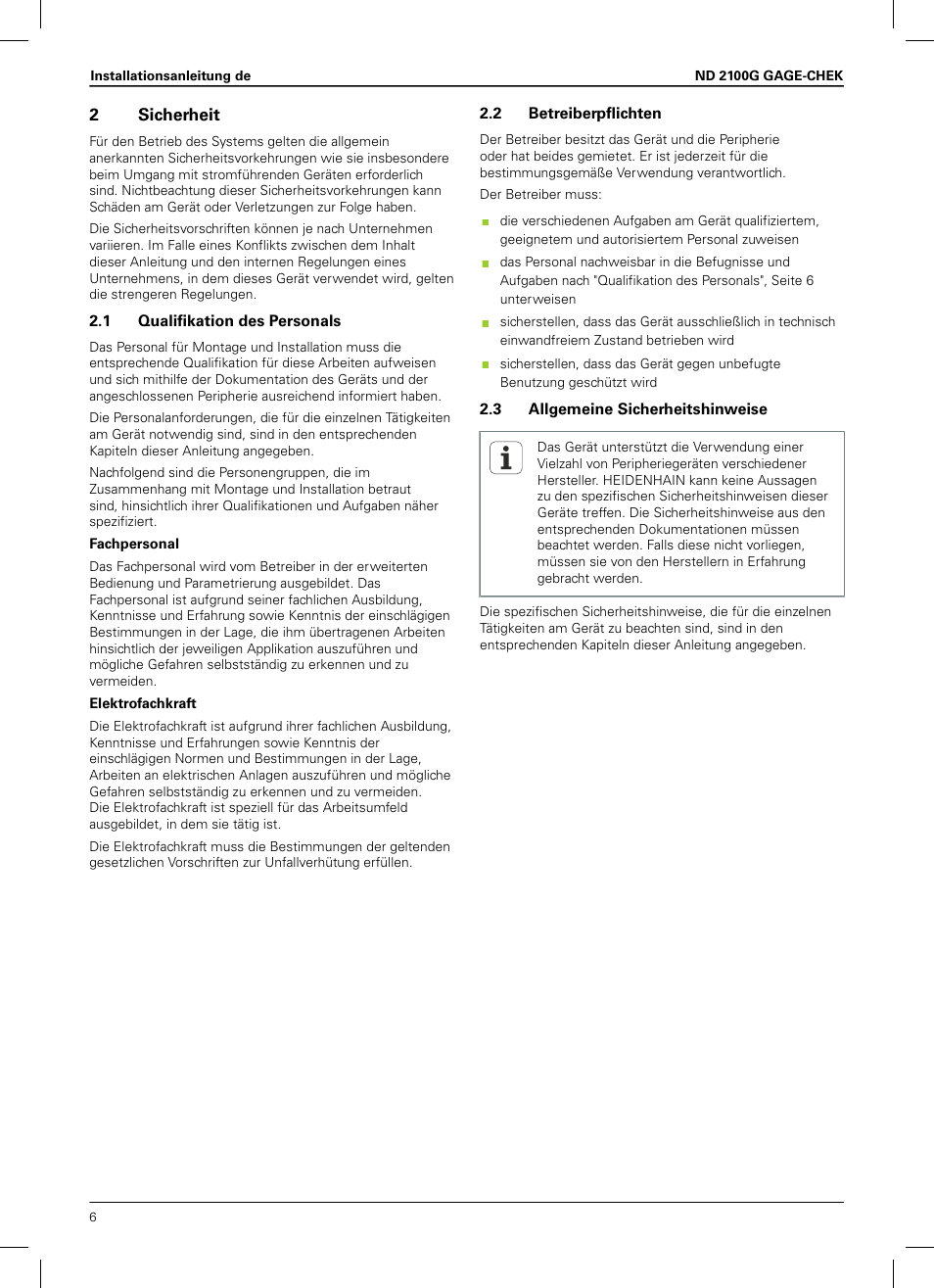 2 sicherheit, 1 qualifikation des personals, 2 betreiberpflichten | 3 allgemeine sicherheitshinweise, 2sicherheit | HEIDENHAIN ND 2100G Installation User Manual | Page 4 / 108