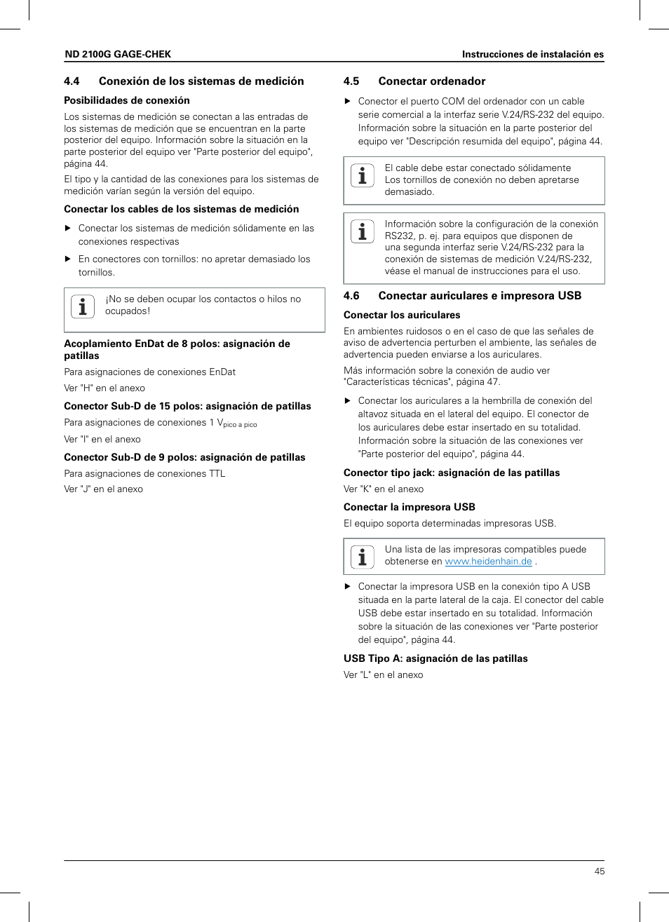 4 conexión de los sistemas de medición, 5 conectar ordenador, 6 conectar auriculares e impresora usb | HEIDENHAIN ND 2100G Installation User Manual | Page 43 / 108