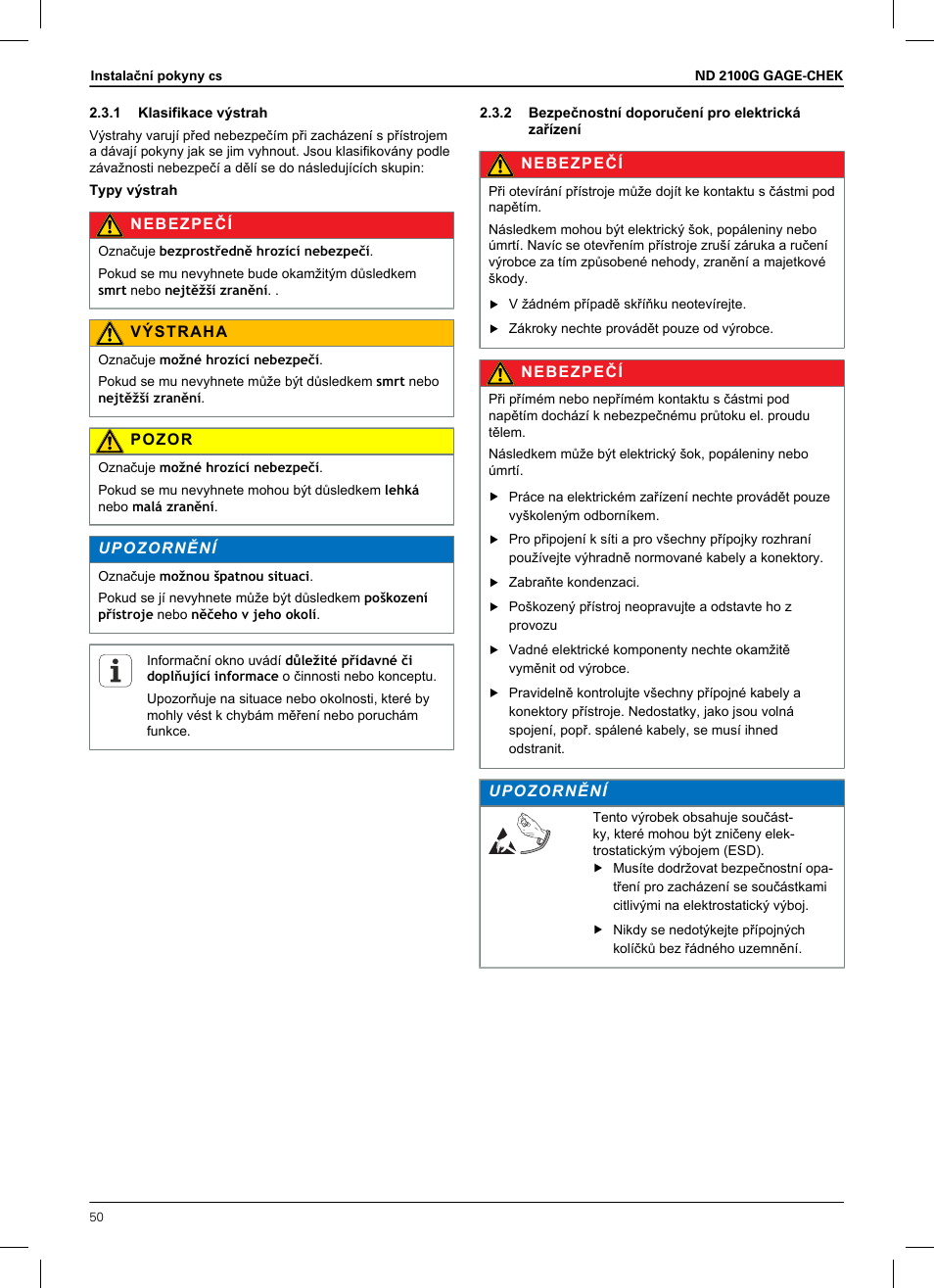 1 klasifikace výstrah, 2 bezpečnostní doporučení pro elektrická zařízení | HEIDENHAIN ND 2100G Installation User Manual | Page 48 / 108
