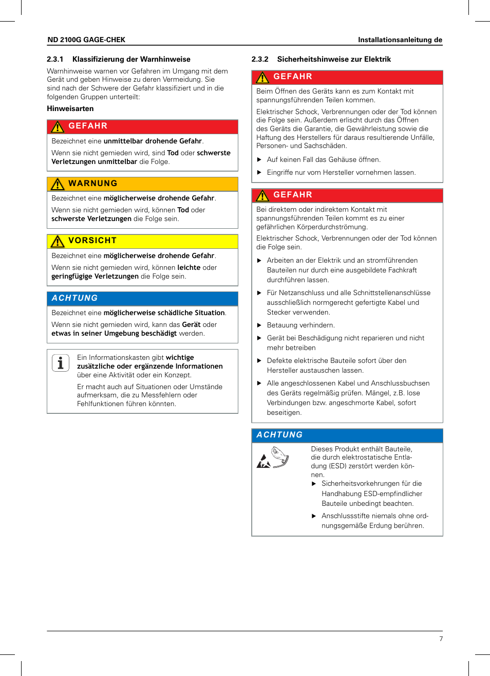 1 klassifizierung der warnhinweise, 2 sicherheitshinweise zur elektrik | HEIDENHAIN ND 2100G Installation User Manual | Page 5 / 108