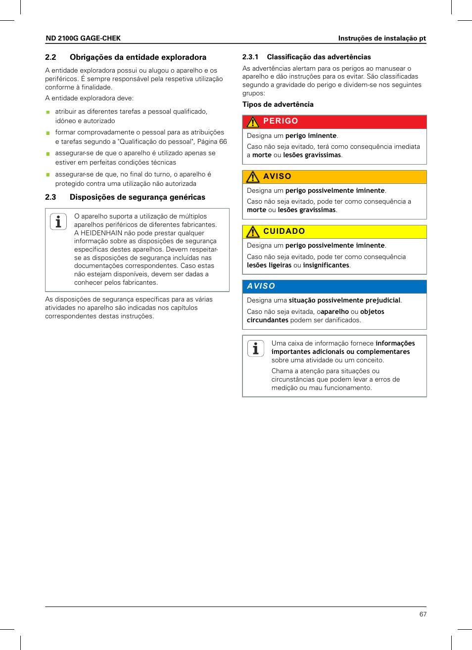 2 obrigações da entidade exploradora, 3 disposições de segurança genéricas, 1 classificação das advertências | HEIDENHAIN ND 2100G Installation User Manual | Page 65 / 108