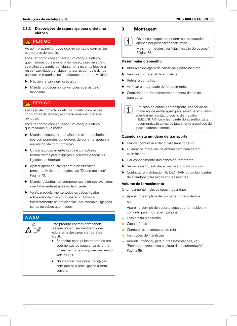 2 disposições de segurança para o sistema elétrico, 3 montagem, 3montagem | HEIDENHAIN ND 2100G Installation User Manual | Page 66 / 108