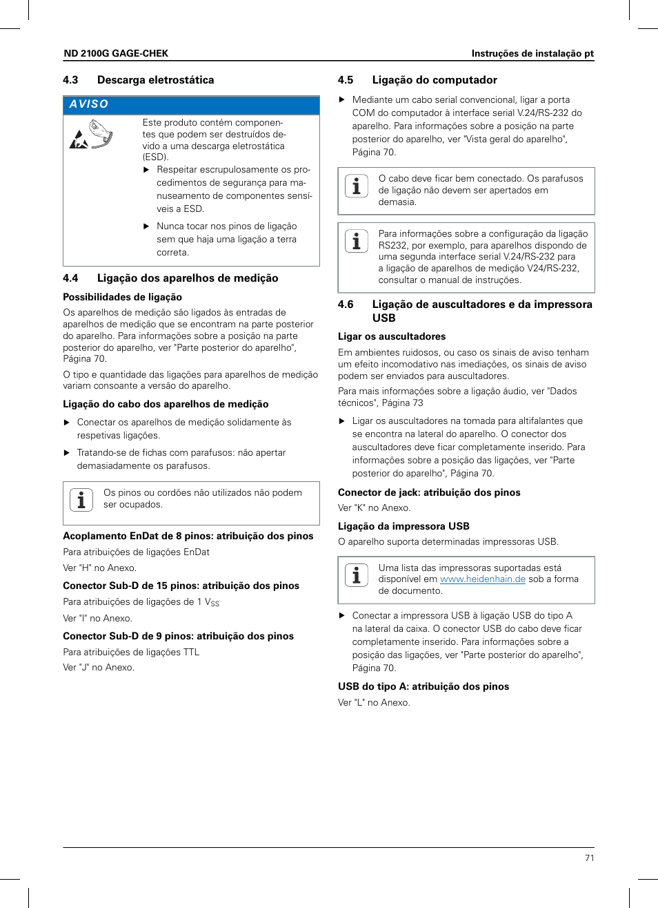 3 descarga eletrostática, 4 ligação dos aparelhos de medição, 5 ligação do computador | 6 ligação de auscultadores e da impressora usb | HEIDENHAIN ND 2100G Installation User Manual | Page 69 / 108