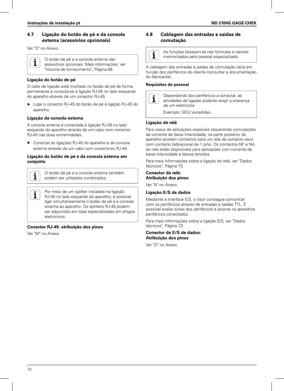 8 cablagem das entradas e saídas de comutação | HEIDENHAIN ND 2100G Installation User Manual | Page 70 / 108