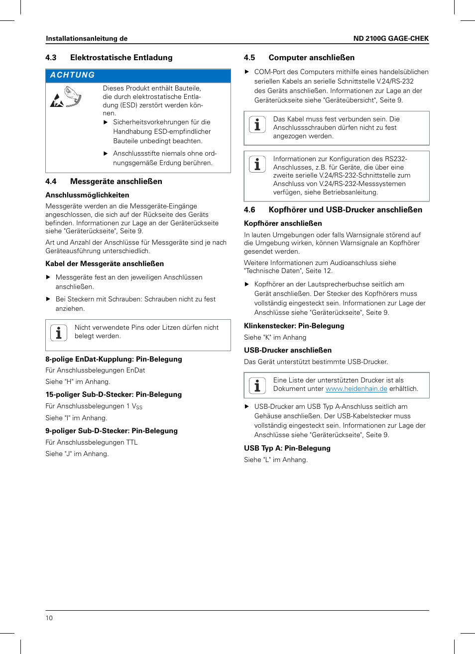 3 elektrostatische entladung, 4 messgeräte anschließen, 5 computer anschließen | 6 kopfhörer und usb-drucker anschließen | HEIDENHAIN ND 2100G Installation User Manual | Page 8 / 108