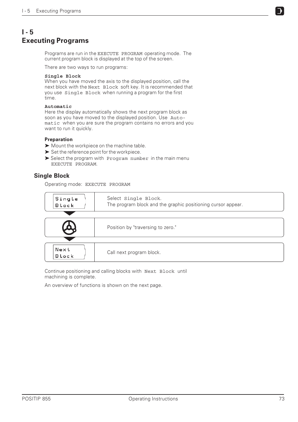 Executing programs, I - 5 | HEIDENHAIN PT 855 for Milling User Manual | Page 75 / 117