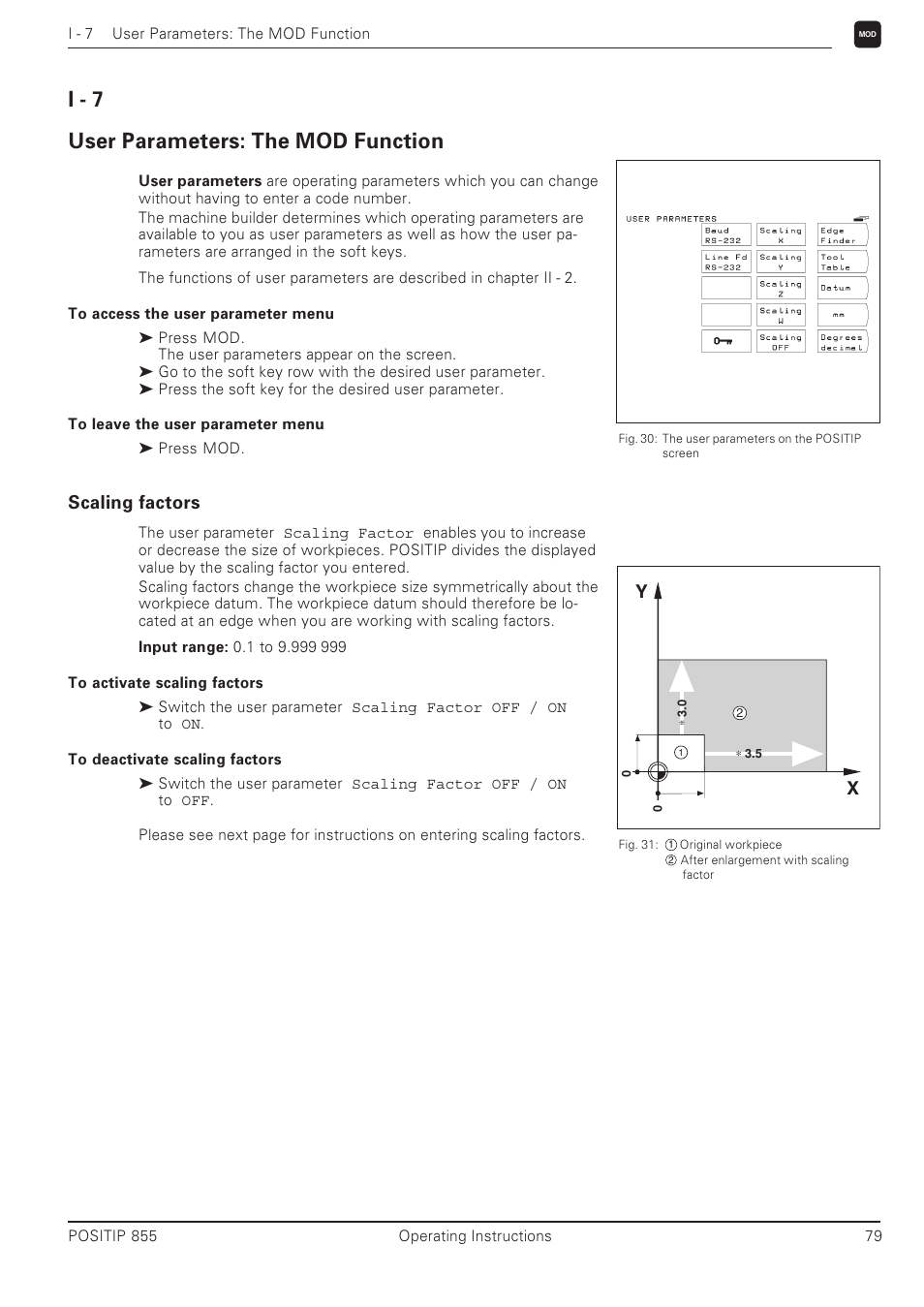 I - 7 user parameters: the mod function, Scaling factors | HEIDENHAIN PT 855 for Milling User Manual | Page 81 / 117