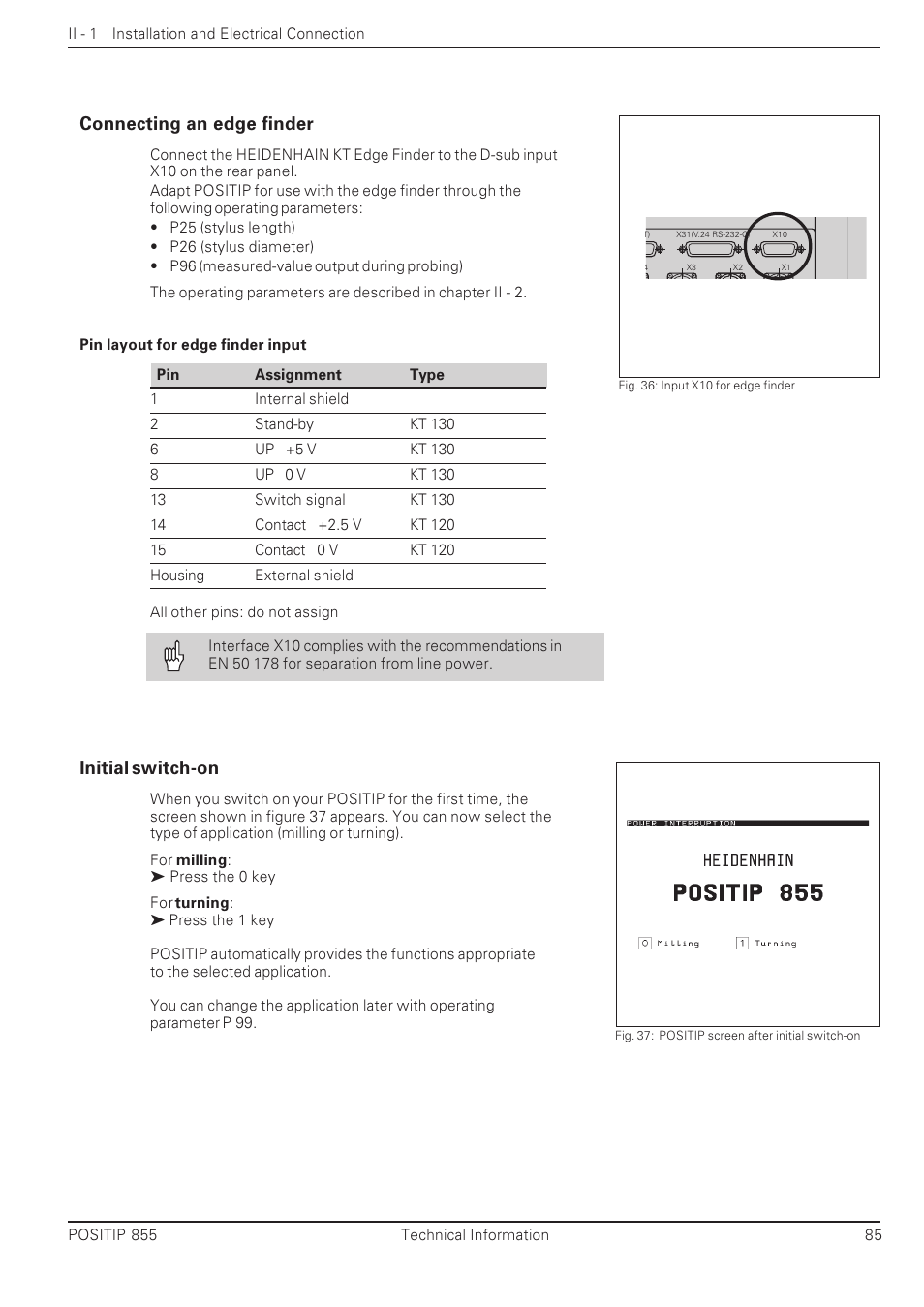 Connecting an edge finder, Initial switch-on | HEIDENHAIN PT 855 for Milling User Manual | Page 87 / 117