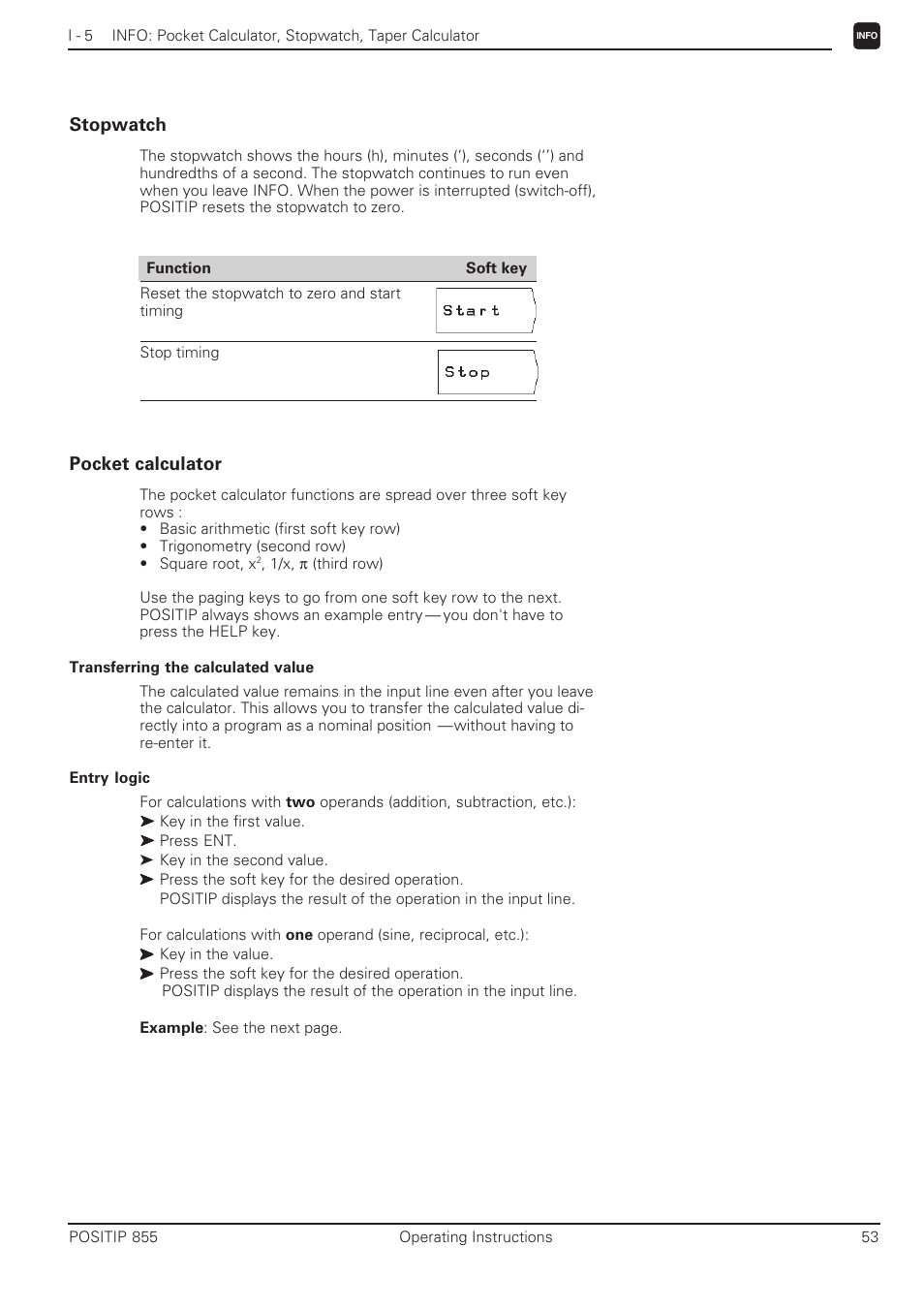 Stopwatch pocket calculator | HEIDENHAIN PT 855 for Turning User Manual | Page 52 / 87