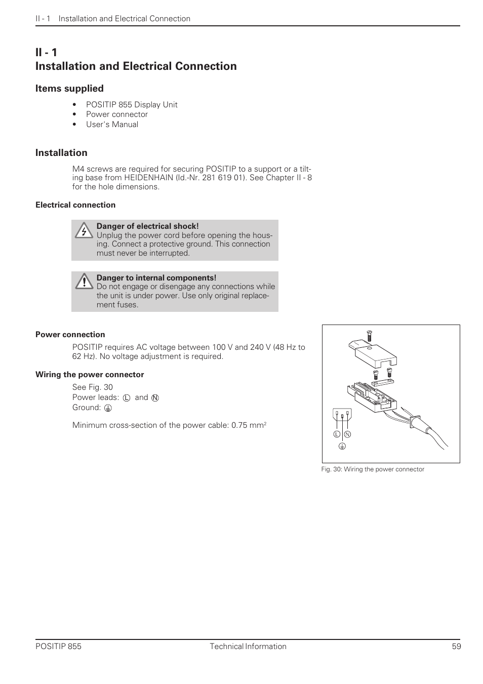 Ii - 1 installation and electrical connection, Items supplied installation, Installation and electrical connection | Ii - 1 | HEIDENHAIN PT 855 for Turning User Manual | Page 57 / 87