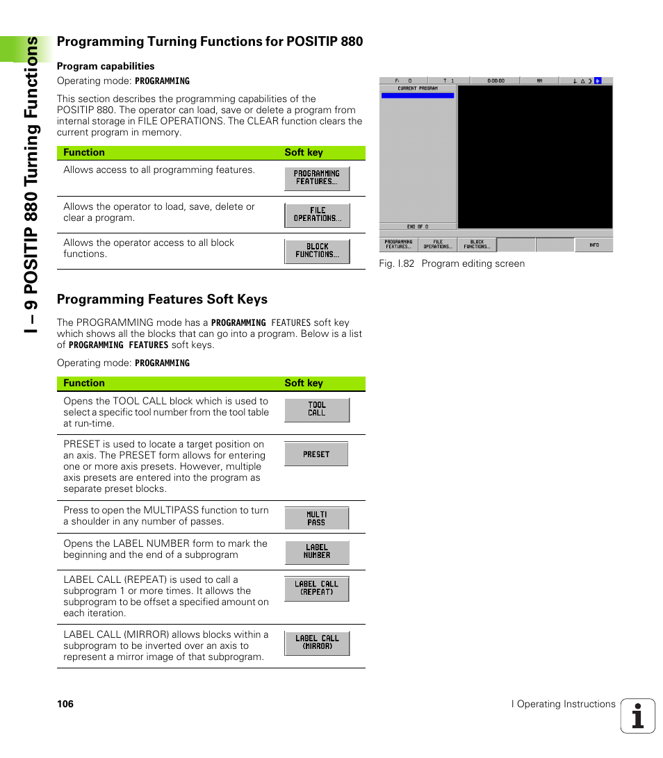 Programming turning functions for positip 880, Programming features soft keys, I – 9 positip 880 t u rn ing f unctions | HEIDENHAIN PT 880 User Manual | Page 106 / 151
