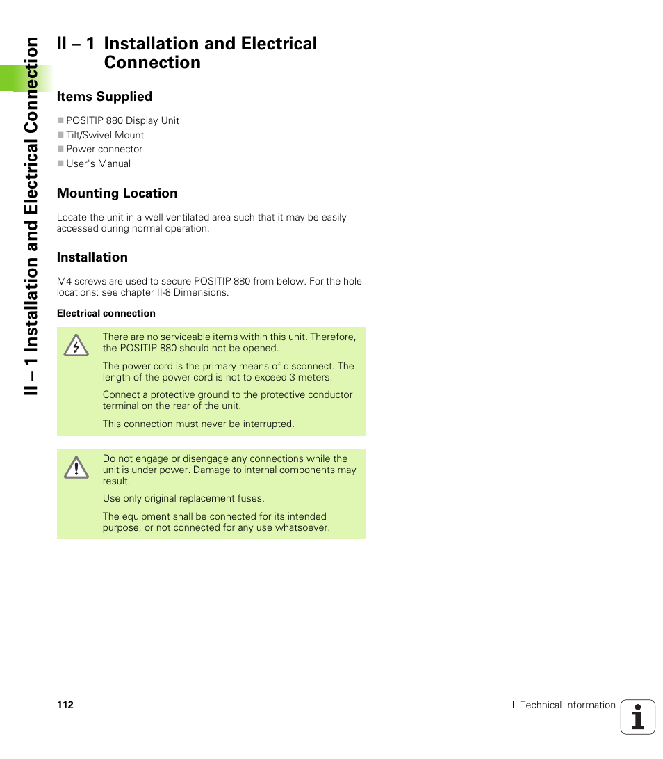 Ii - 1 installation and electrical connection, Items supplied, Mounting location | Installation, Ii – 1 installation and electrical connection | HEIDENHAIN PT 880 User Manual | Page 112 / 151