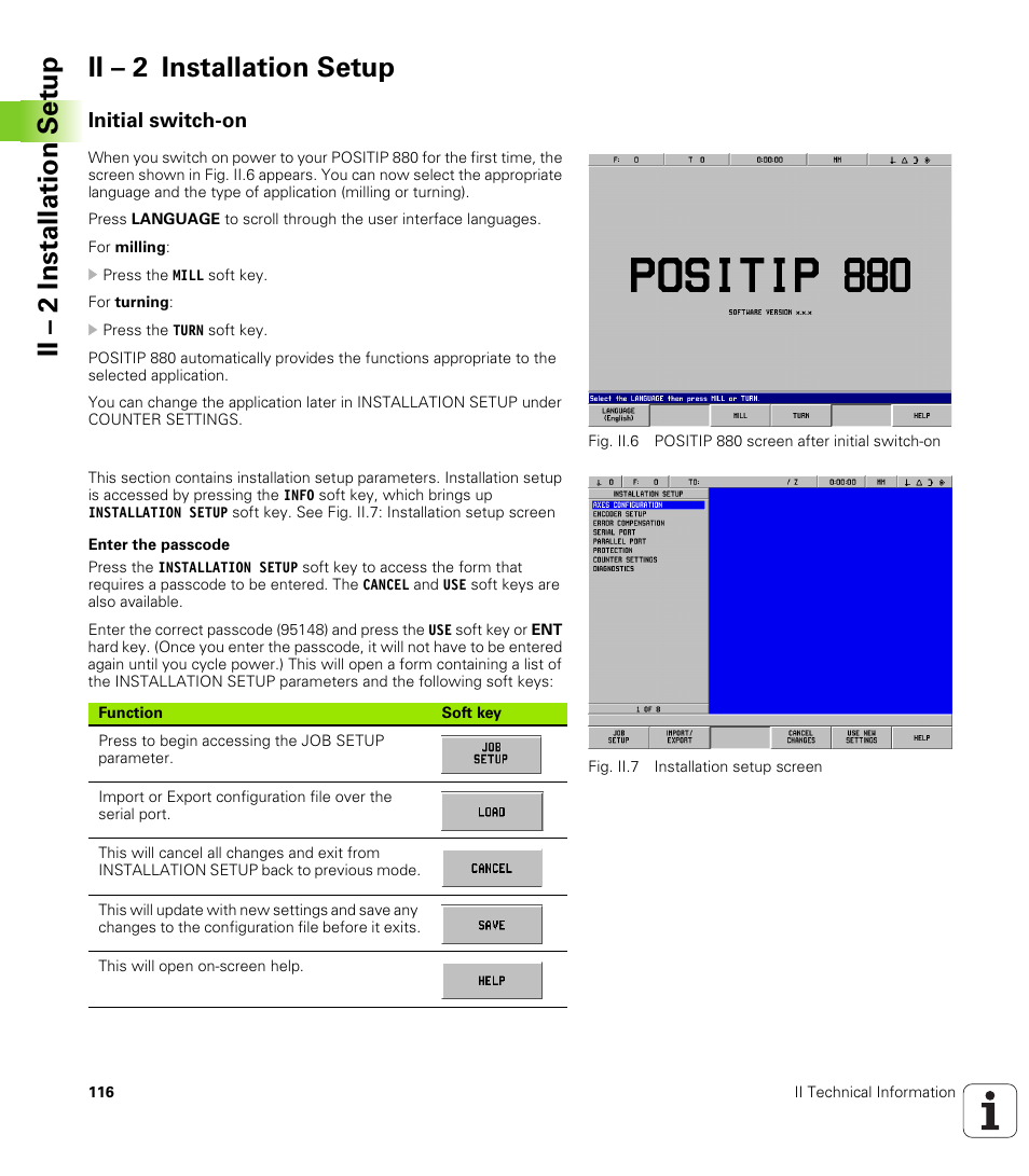 Ii - 2 installation setup, Initial switch-on, Ii – 2 installation setup | HEIDENHAIN PT 880 User Manual | Page 116 / 151