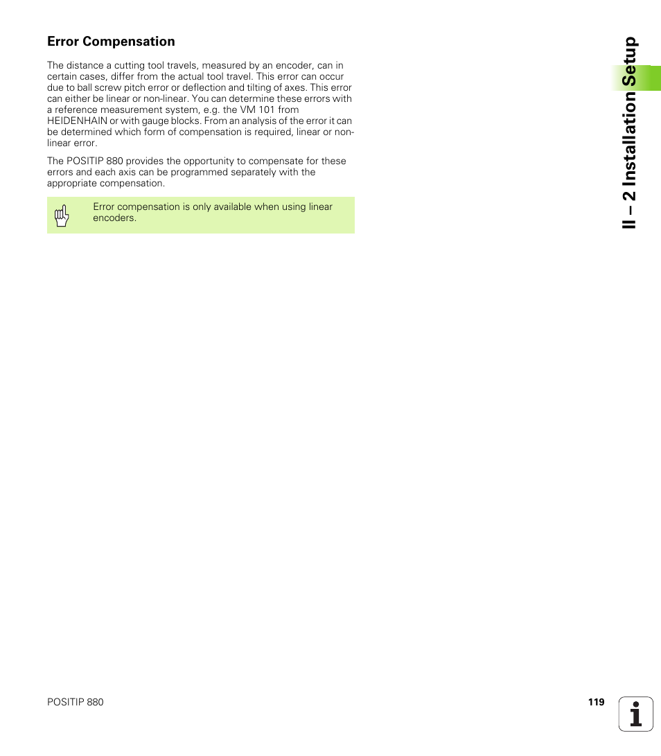 Error compensation, Ii – 2 installation set u p | HEIDENHAIN PT 880 User Manual | Page 119 / 151