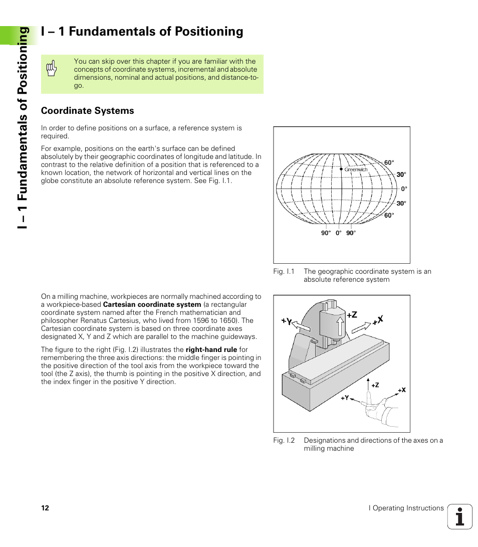 I - 1 fundamentals of positioning, Coordinate systems, I – 1 fundamentals of positioning | HEIDENHAIN PT 880 User Manual | Page 12 / 151