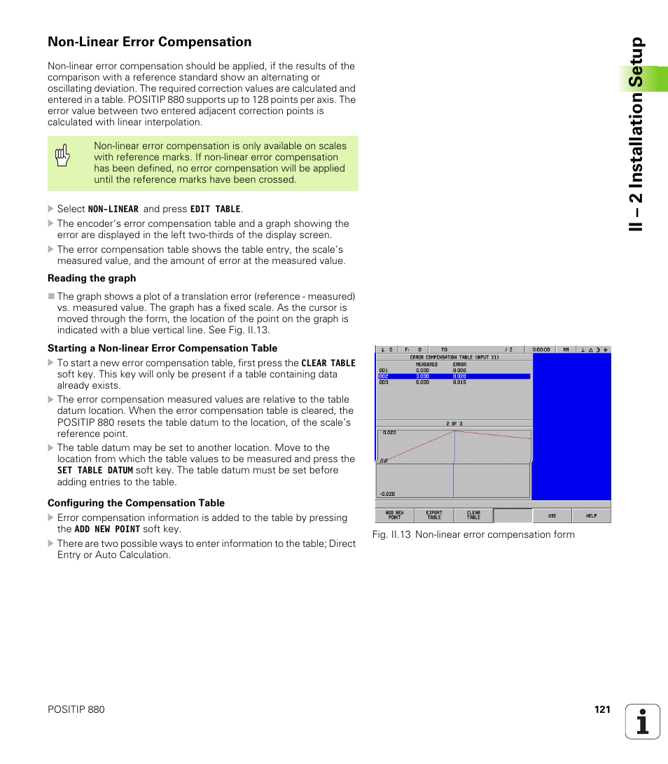 Non-linear error compensation, Ii – 2 installation set u p | HEIDENHAIN PT 880 User Manual | Page 121 / 151