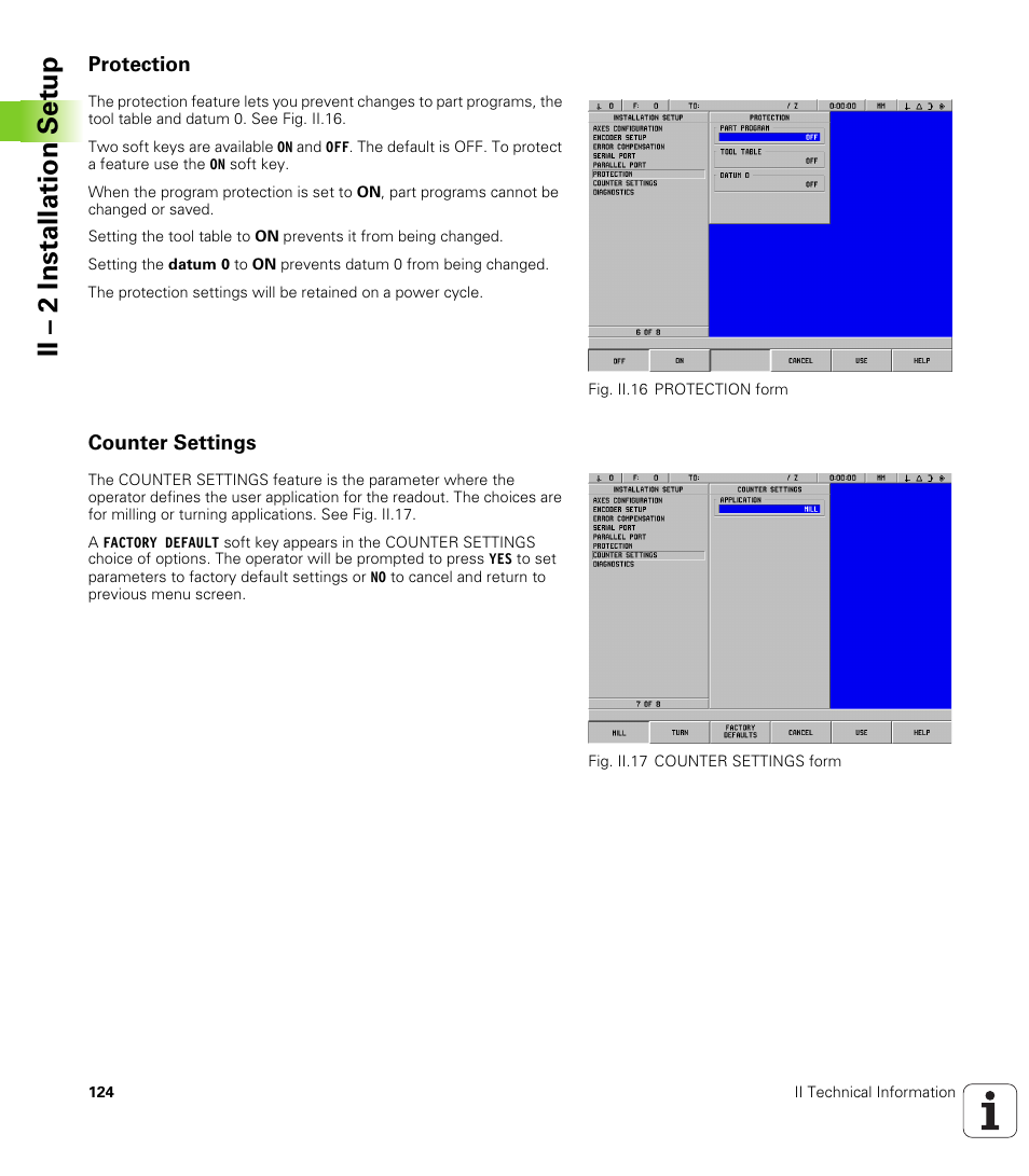 Protection, Counter settings, Ii – 2 installation set u p | HEIDENHAIN PT 880 User Manual | Page 124 / 151
