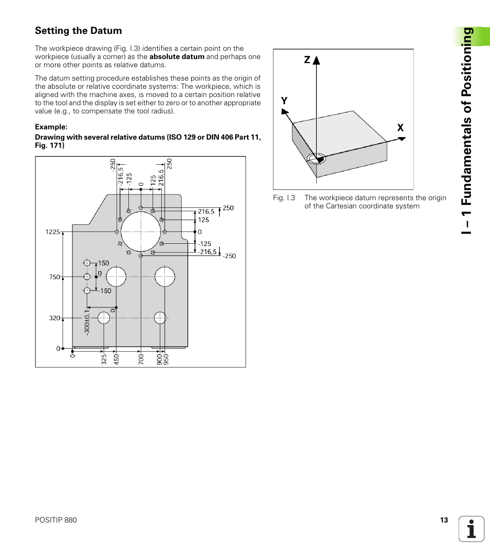 Setting the datum, I – 1 f u ndamentals of p o sitioning | HEIDENHAIN PT 880 User Manual | Page 13 / 151