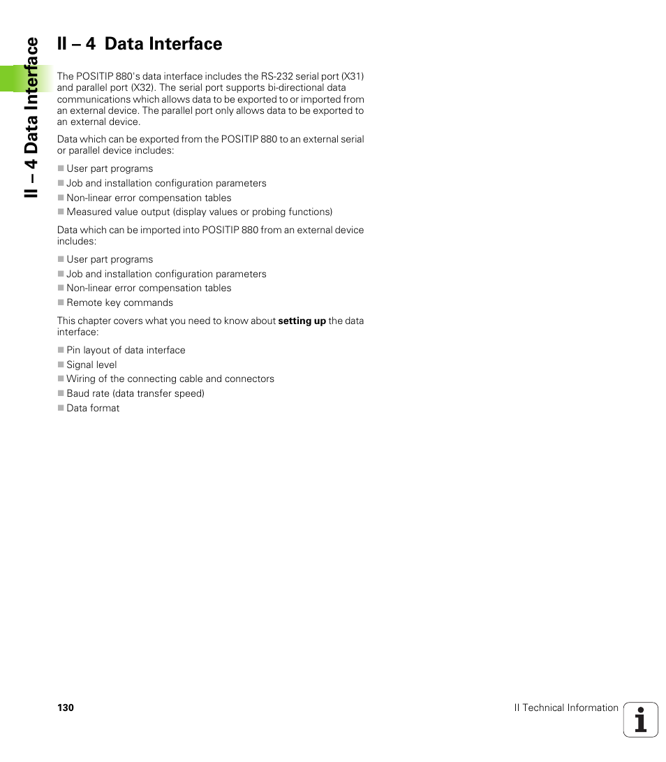 Ii - 4 data interface, Ii – 4 data interface, Ii – 4 d a ta int e rf ace ii – 4 data interface | HEIDENHAIN PT 880 User Manual | Page 130 / 151