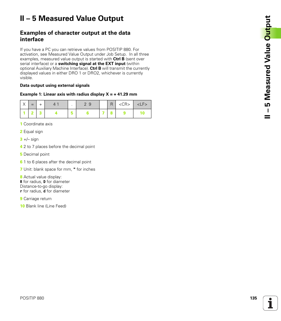 Ii - 5 measured value output, Examples of character output at the data interface, Ii – 5 measured value output | HEIDENHAIN PT 880 User Manual | Page 135 / 151