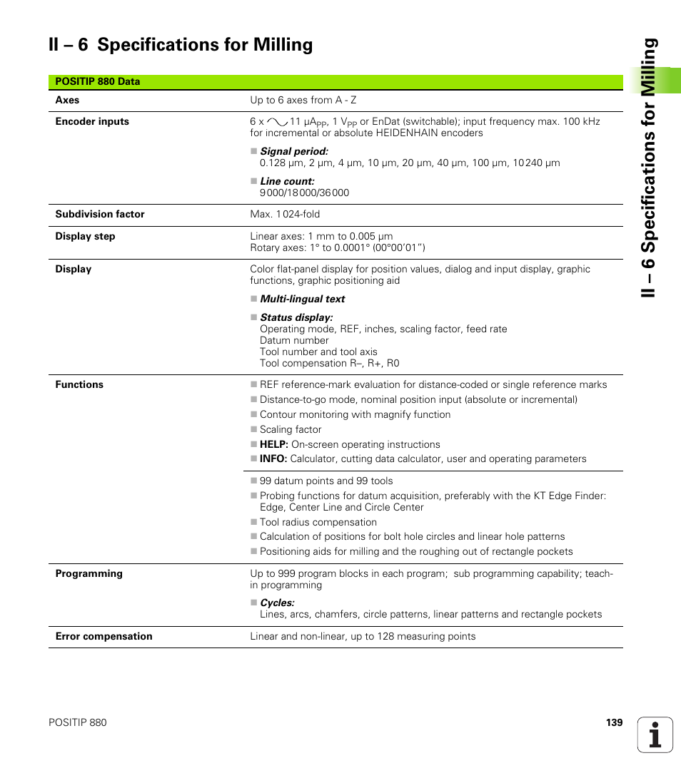 Ii - 6 specifications for milling, Ii – 6 specifications for milling | HEIDENHAIN PT 880 User Manual | Page 139 / 151