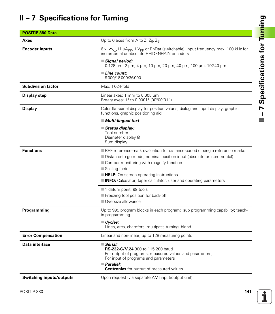 Ii - 7 specifications for turning, Ii – 7 specifications for turning | HEIDENHAIN PT 880 User Manual | Page 141 / 151