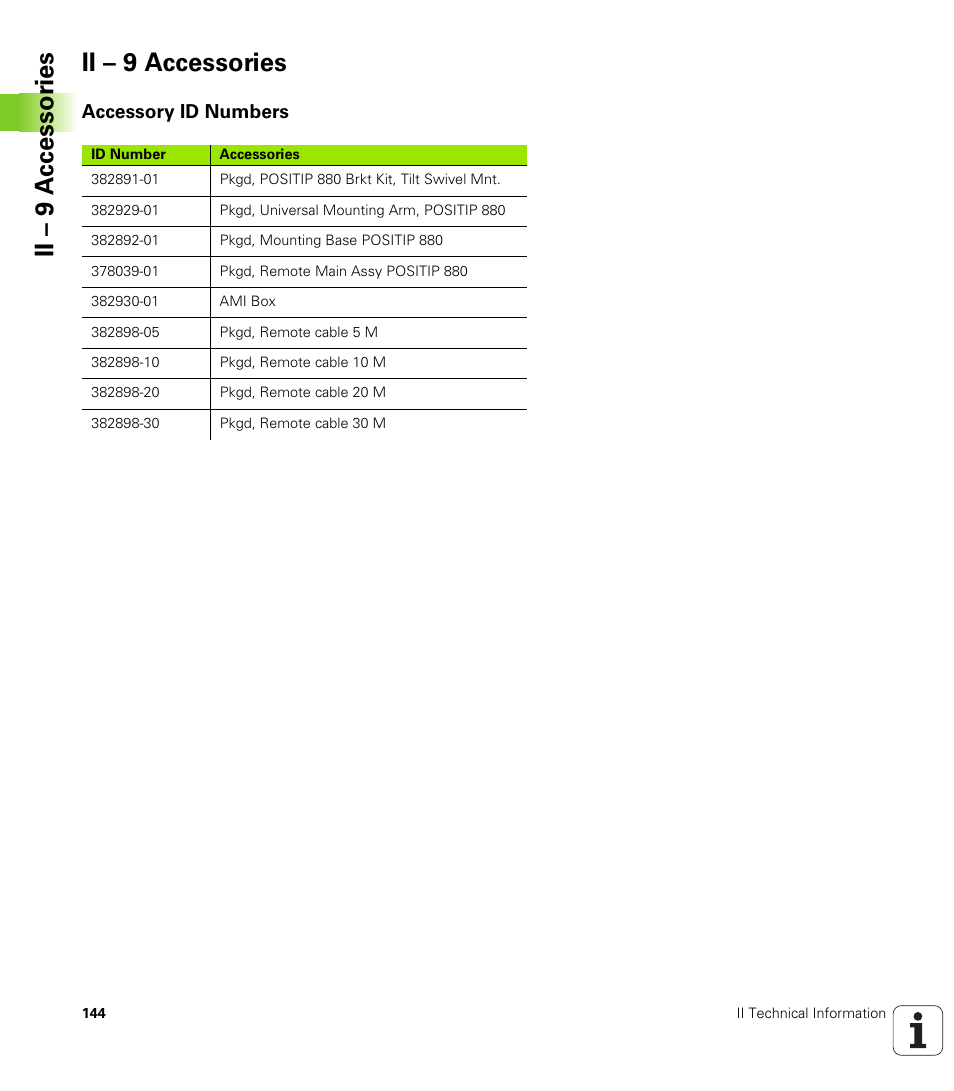 Ii - 9 accessories, Accessory id numbers, Ii – 9 accessories | Ii – 9 a c cessor ies ii – 9 accessories | HEIDENHAIN PT 880 User Manual | Page 144 / 151