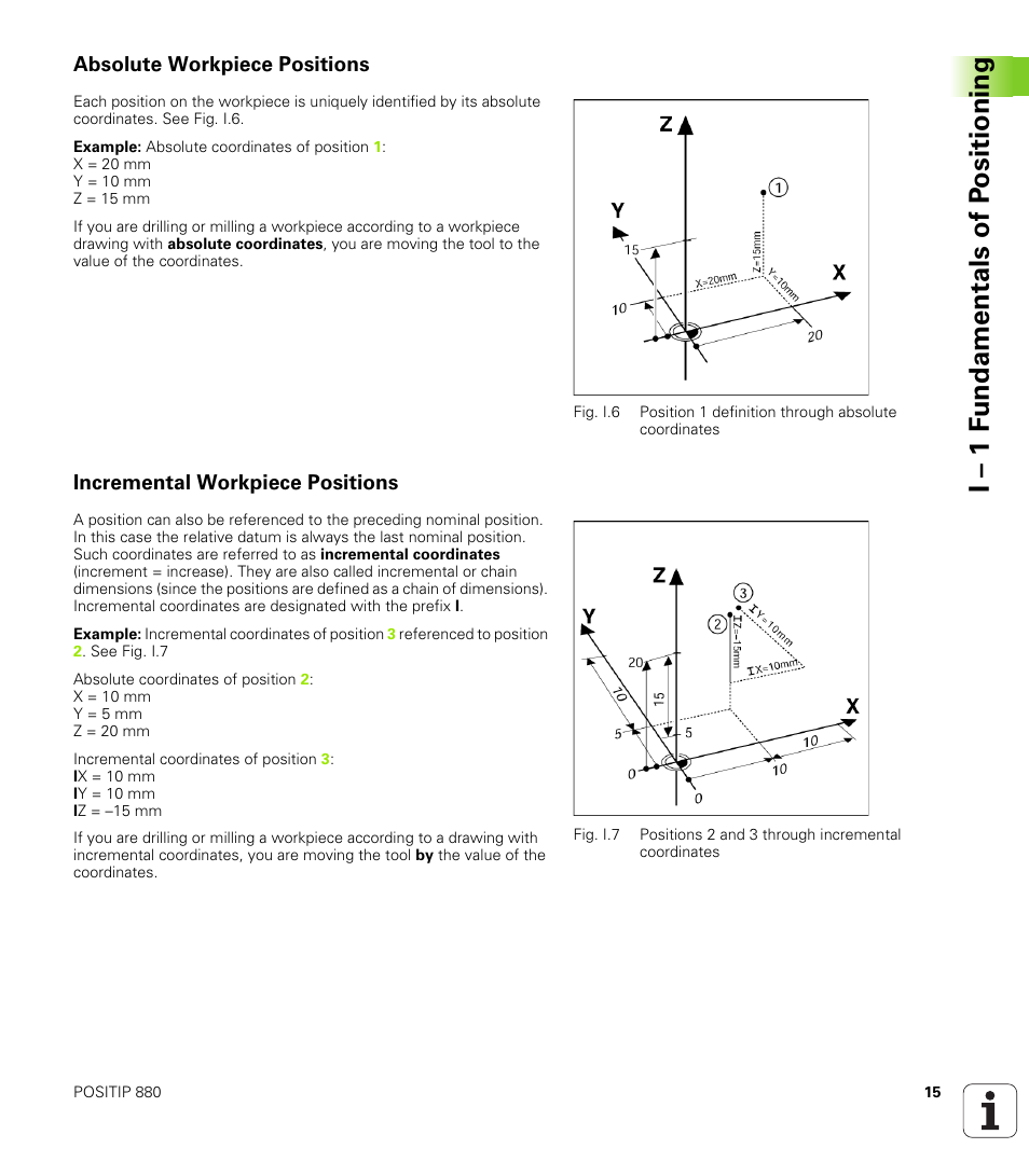 Absolute workpiece positions, Incremental workpiece positions, I – 1 f u ndamentals of p o sitioning | HEIDENHAIN PT 880 User Manual | Page 15 / 151