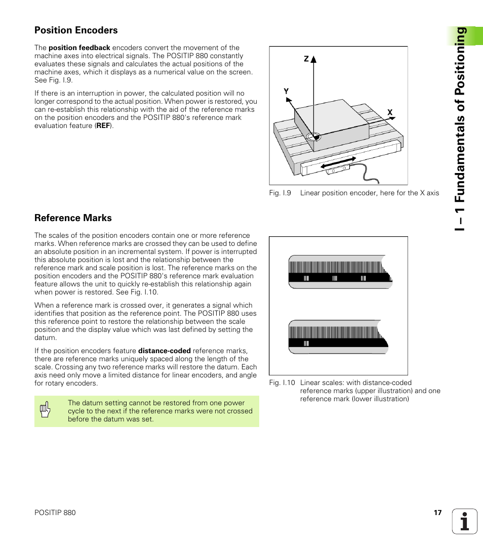 Position encoders, Reference marks, I – 1 f u ndamentals of p o sitioning | HEIDENHAIN PT 880 User Manual | Page 17 / 151