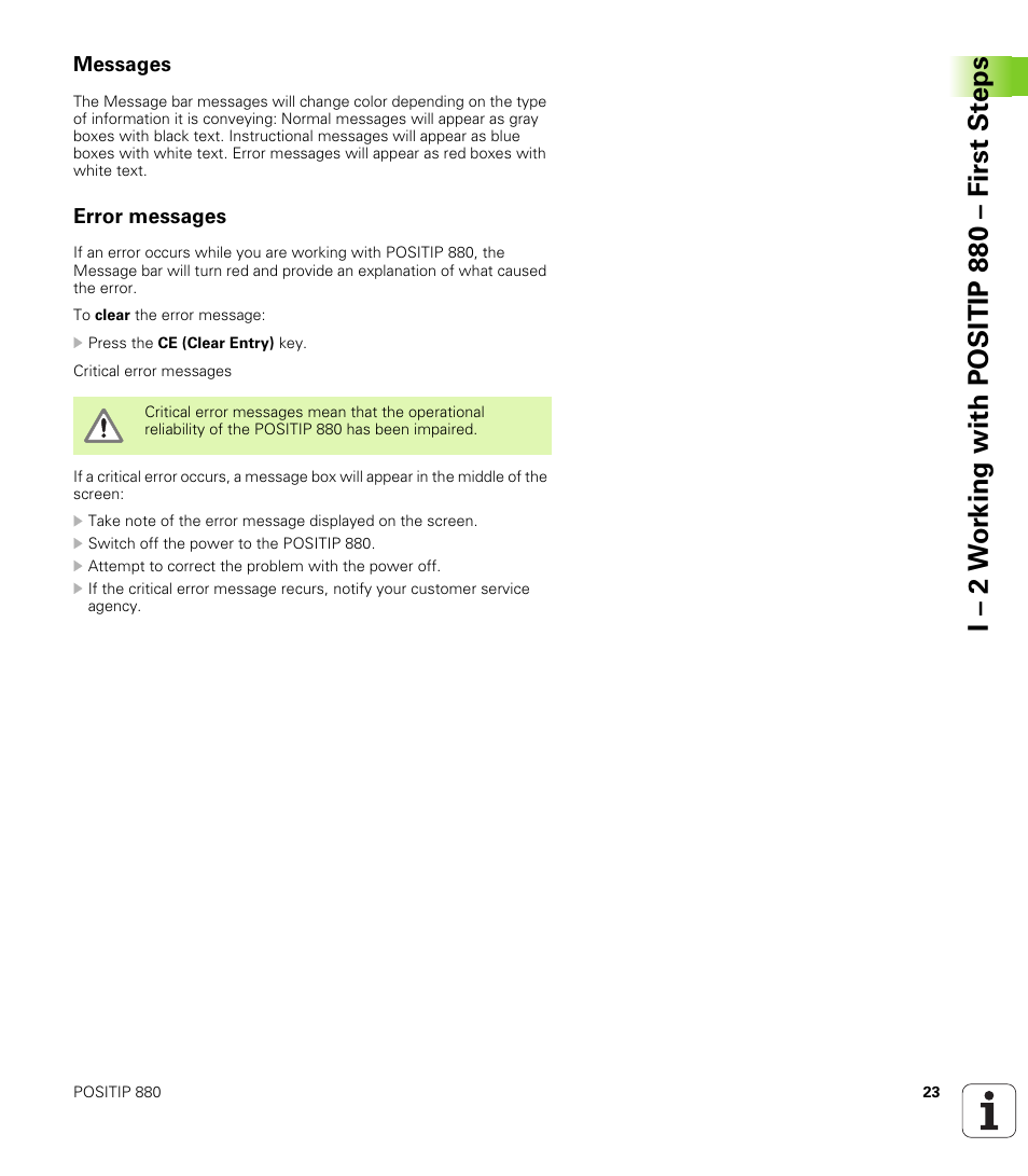 Messages, Error messages, I – 2 w o rk ing with positip 880 – first st eps | HEIDENHAIN PT 880 User Manual | Page 23 / 151