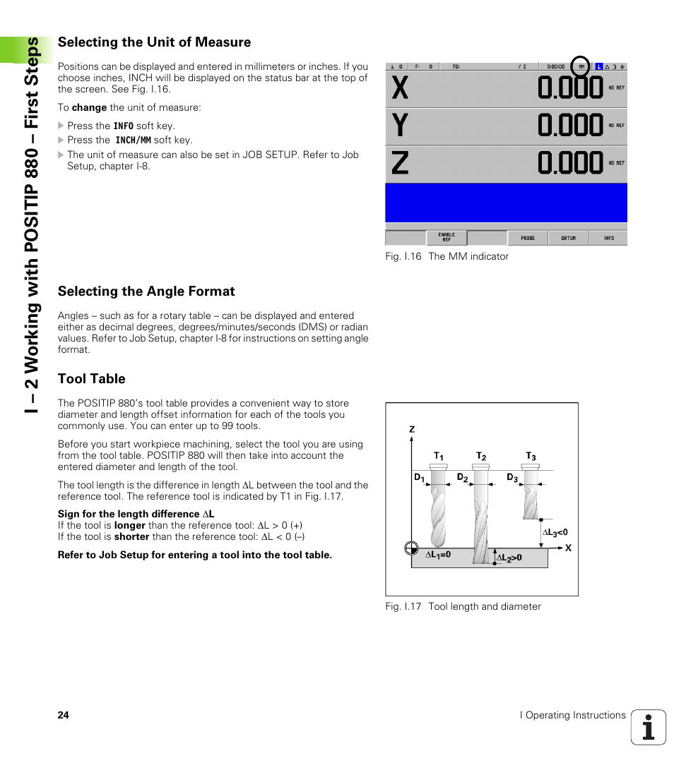 Selecting the unit of measure, Selecting the angle format, Tool table | I – 2 w o rk ing with positip 880 – first st eps | HEIDENHAIN PT 880 User Manual | Page 24 / 151