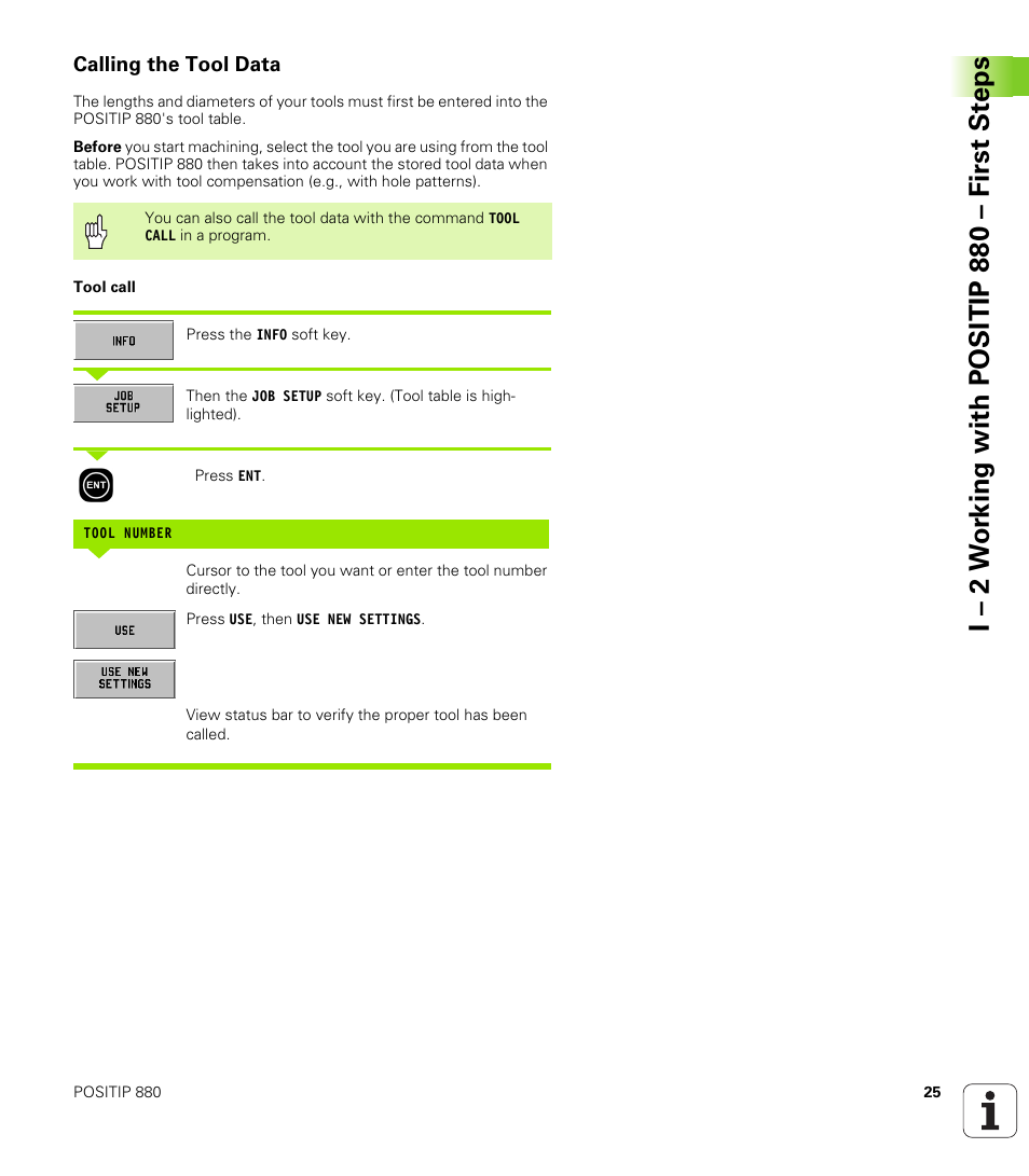 Calling the tool data, I – 2 w o rk ing with positip 880 – first st eps | HEIDENHAIN PT 880 User Manual | Page 25 / 151
