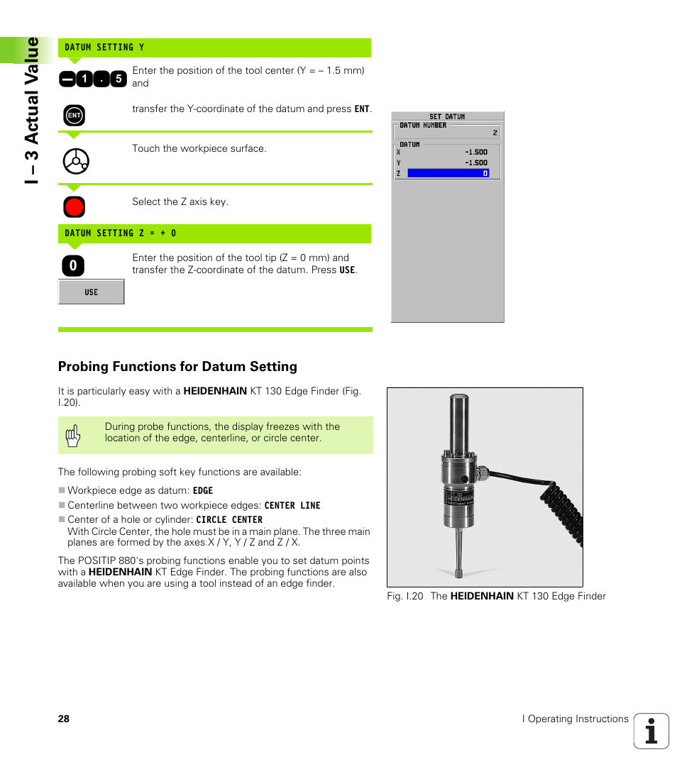 Probing functions for datum setting, I – 3 a c tu al v a lue | HEIDENHAIN PT 880 User Manual | Page 28 / 151