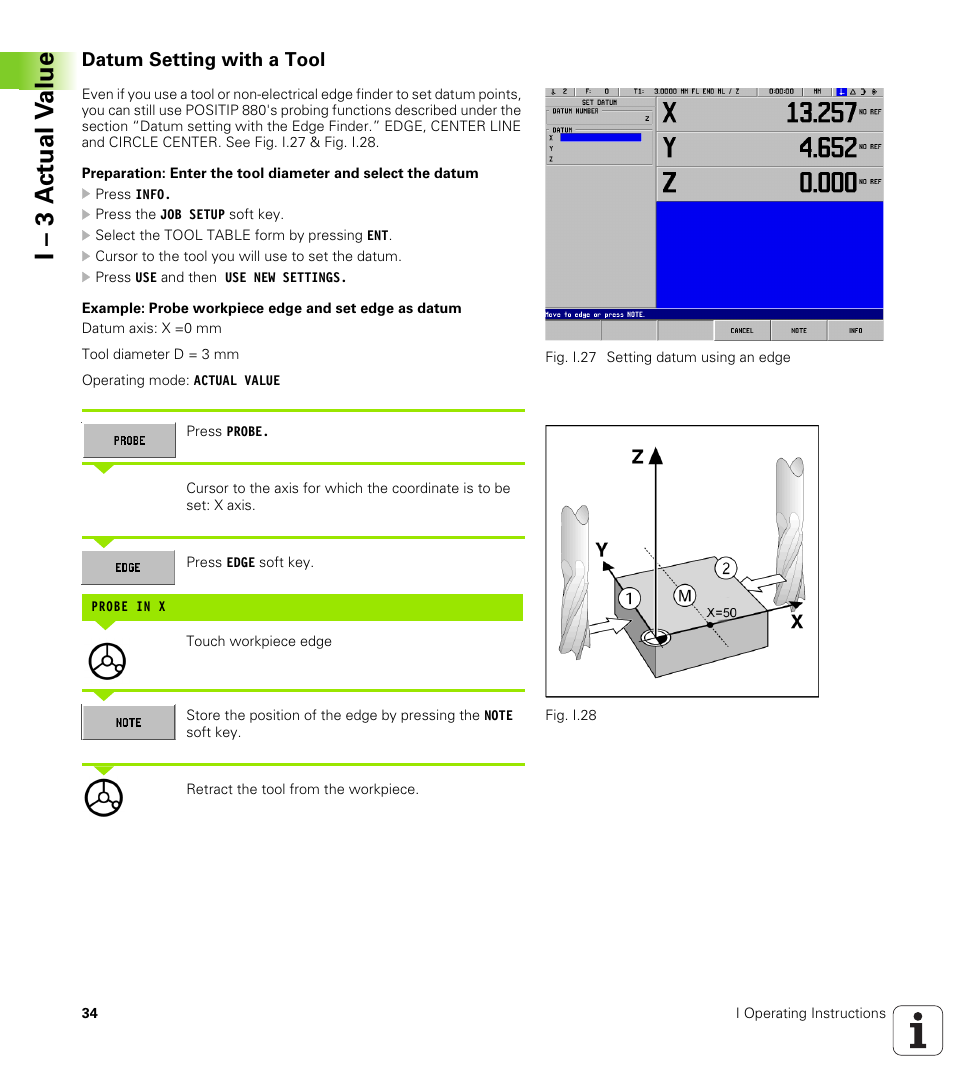 Datum setting with a tool, I – 3 a c tu al v a lue | HEIDENHAIN PT 880 User Manual | Page 34 / 151