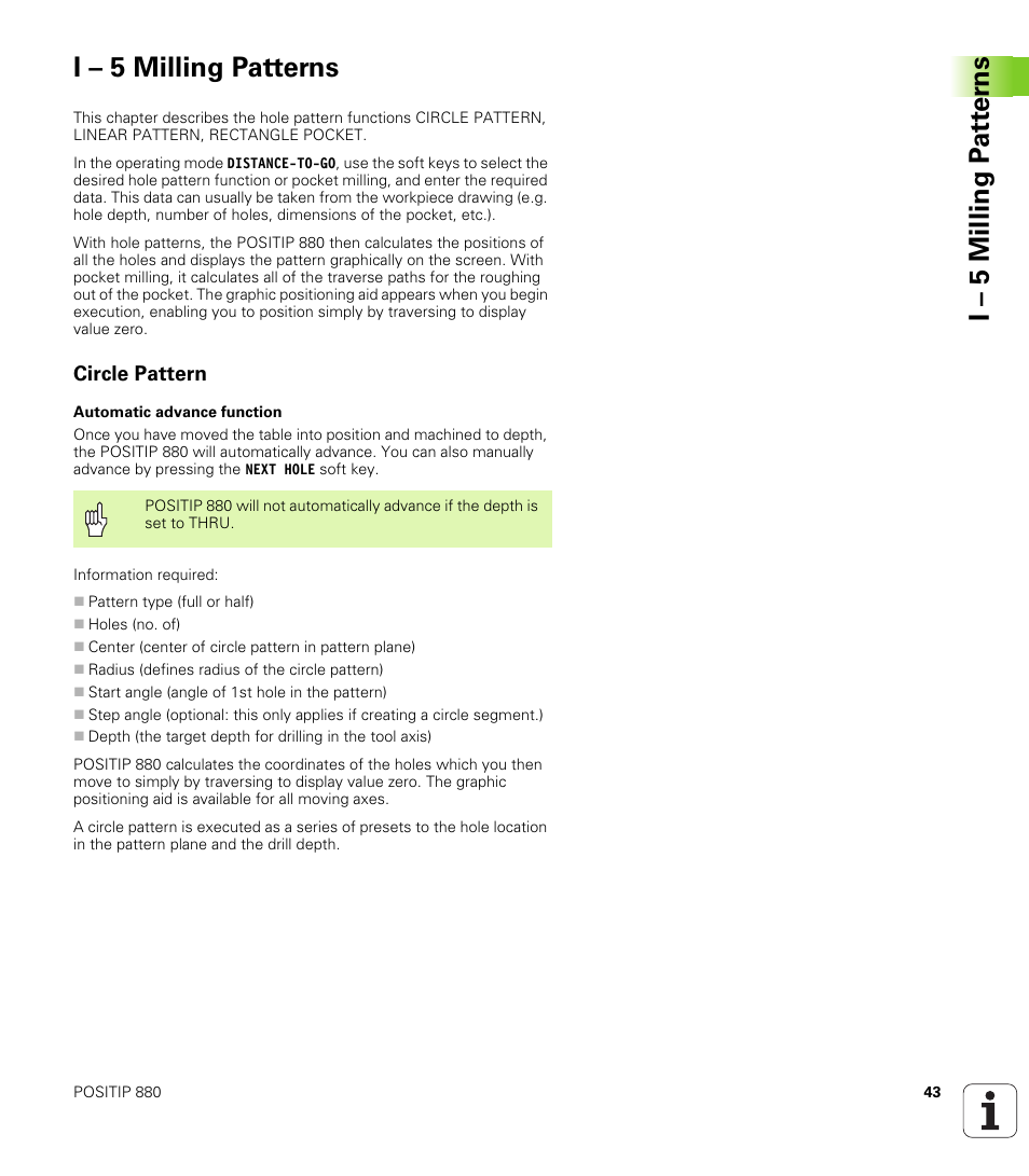 I - 5 milling patterns, Circle pattern, I – 5 milling patterns | I – 5 milling p a tt er ns i – 5 milling patterns | HEIDENHAIN PT 880 User Manual | Page 43 / 151