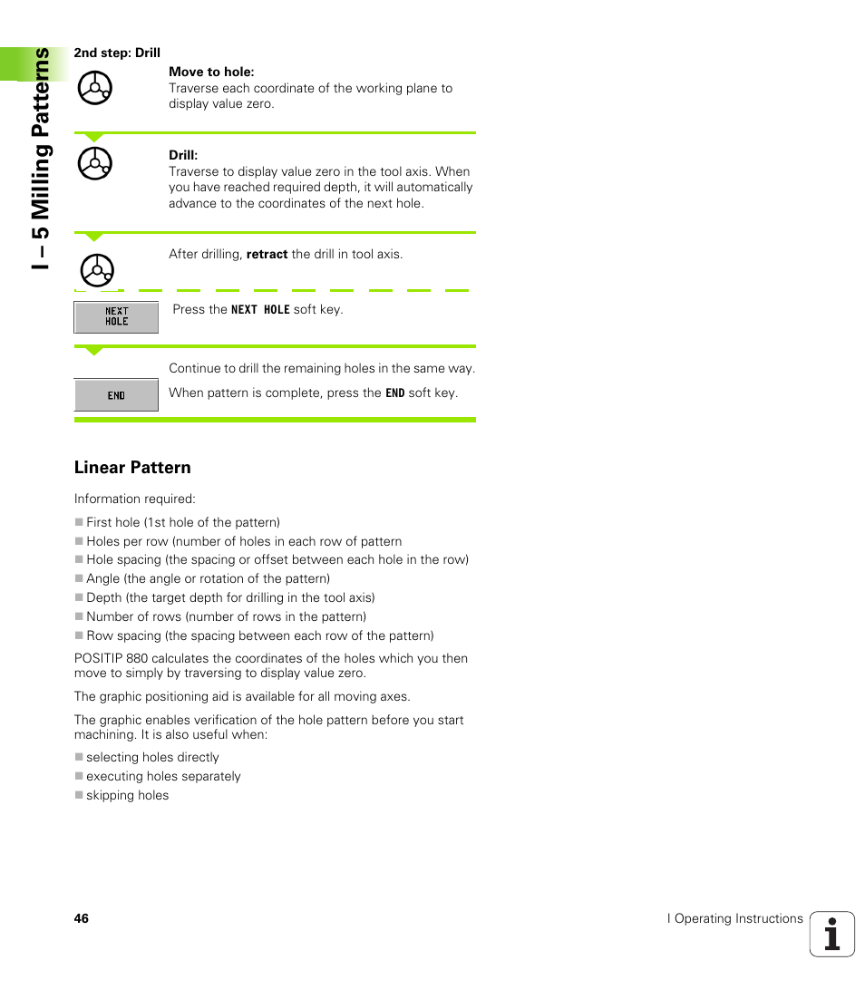 Linear pattern, I – 5 milling p a tt er ns | HEIDENHAIN PT 880 User Manual | Page 46 / 151