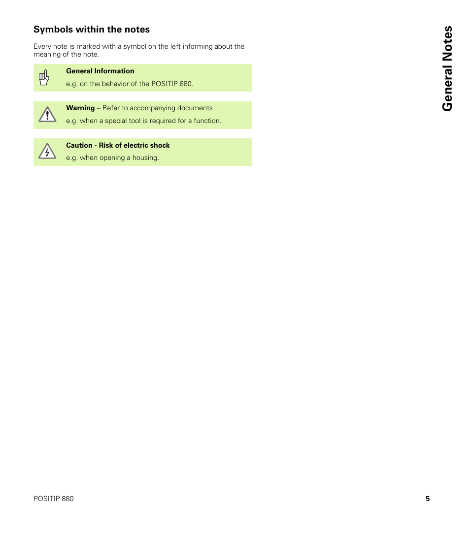 Symbols within the notes, Gener a l not e s | HEIDENHAIN PT 880 User Manual | Page 5 / 151