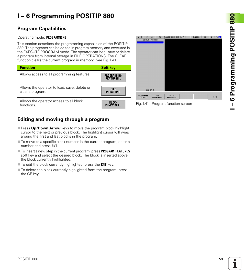 I - 6 programming positip 880, Program capabilities, Editing and moving through a program | I – 6 programming positip 880 | HEIDENHAIN PT 880 User Manual | Page 53 / 151