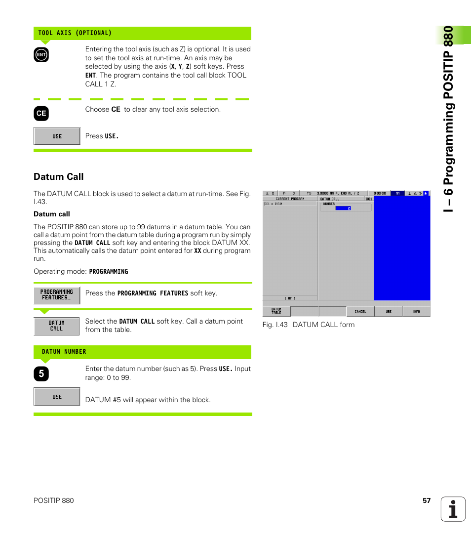 Datum call, I – 6 pr ogr amming positip 880 | HEIDENHAIN PT 880 User Manual | Page 57 / 151