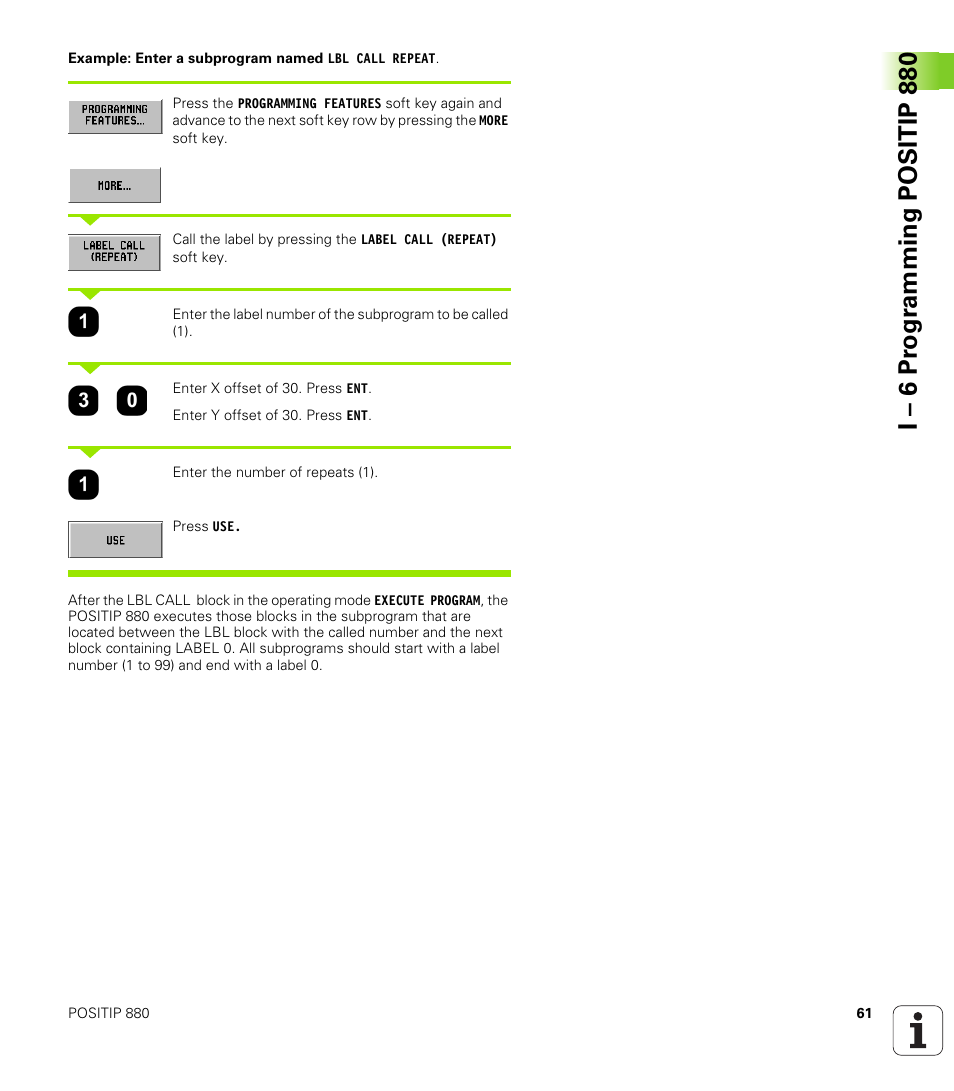 I – 6 pr ogr amming positip 880 | HEIDENHAIN PT 880 User Manual | Page 61 / 151