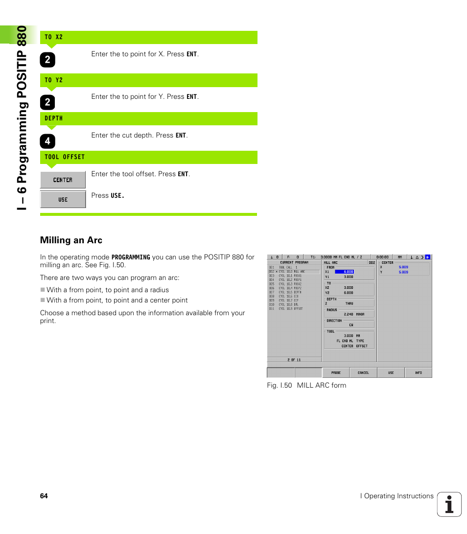 Milling an arc, I – 6 pr ogr amming positip 880 | HEIDENHAIN PT 880 User Manual | Page 64 / 151